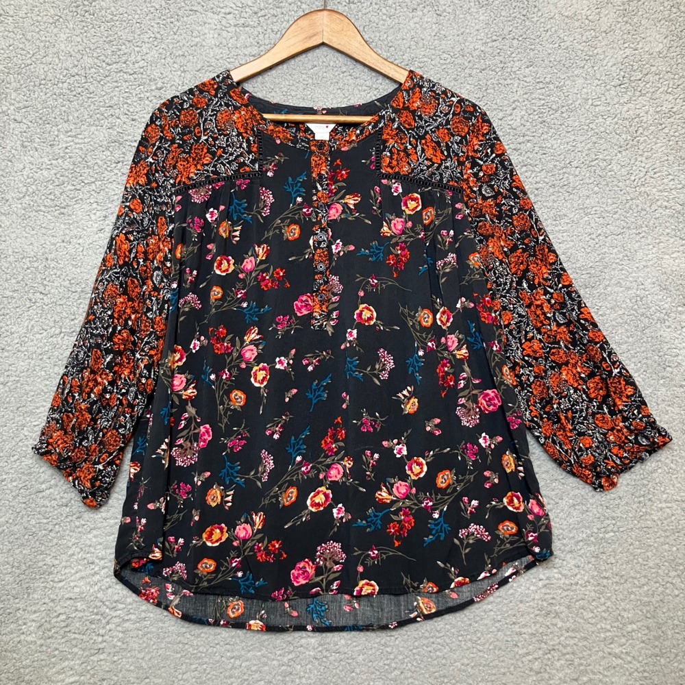Intro Top XL Black Floral Peasant Crochet Trim Patchwork Boho Whimsigoth Artsy